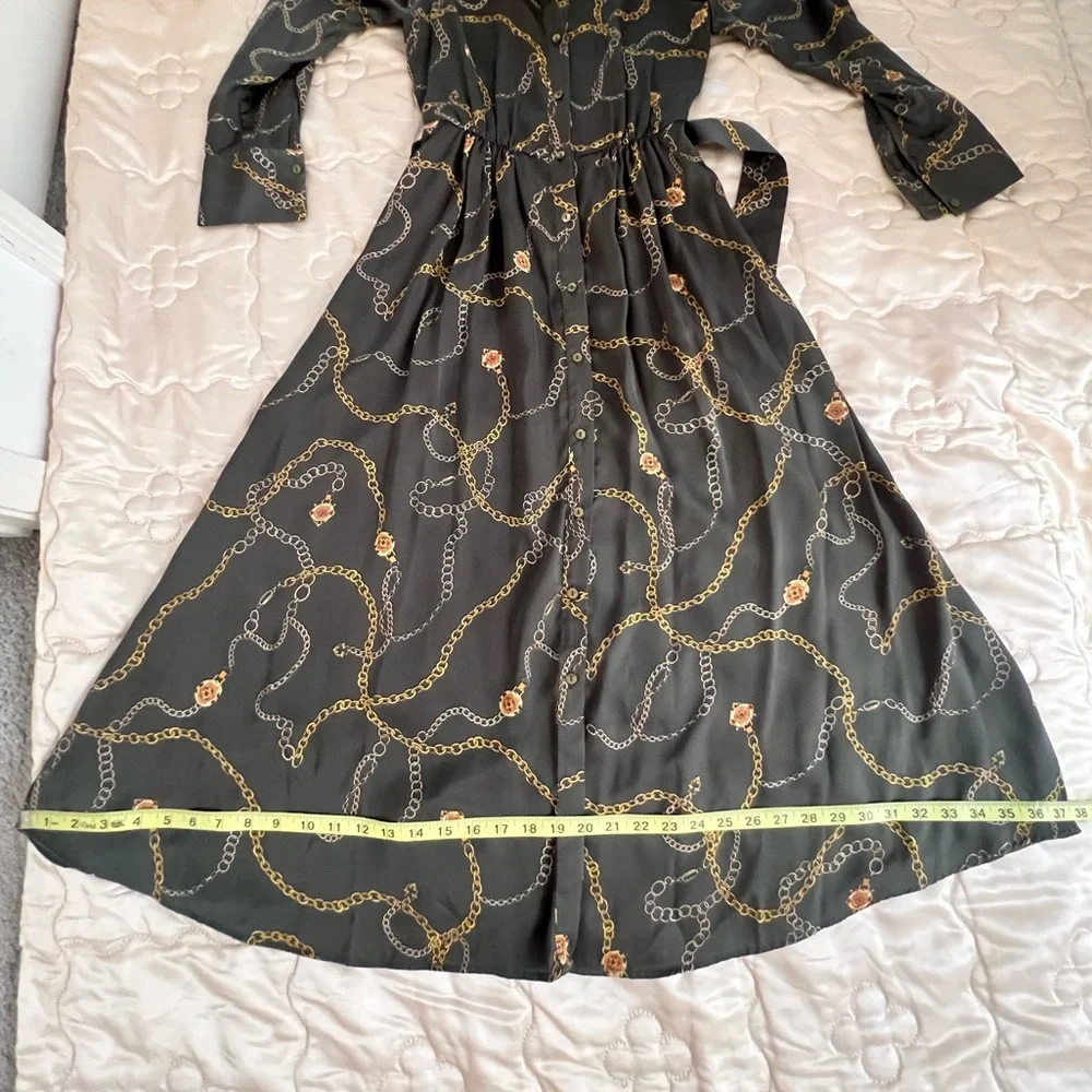 Mango Olive Green Chain-Print Midi Shirt Dress